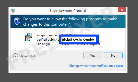Screenshot where Nickel Cycle Combo appears as the verified publisher in the UAC dialog
